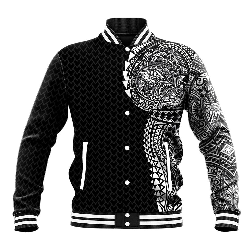 Hawaiian Traditional Tattoos Baseball Jacket Kakau Tribal Tropical Plant Motif Black Color LT03 Unisex Black - Polynesian Pride