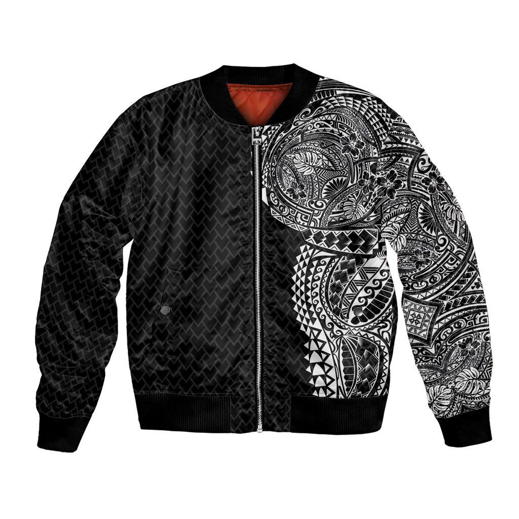 Hawaiian Traditional Tattoos Bomber Jacket Kakau Tribal Tropical Plant Motif Black Color LT03 Unisex Black - Polynesian Pride