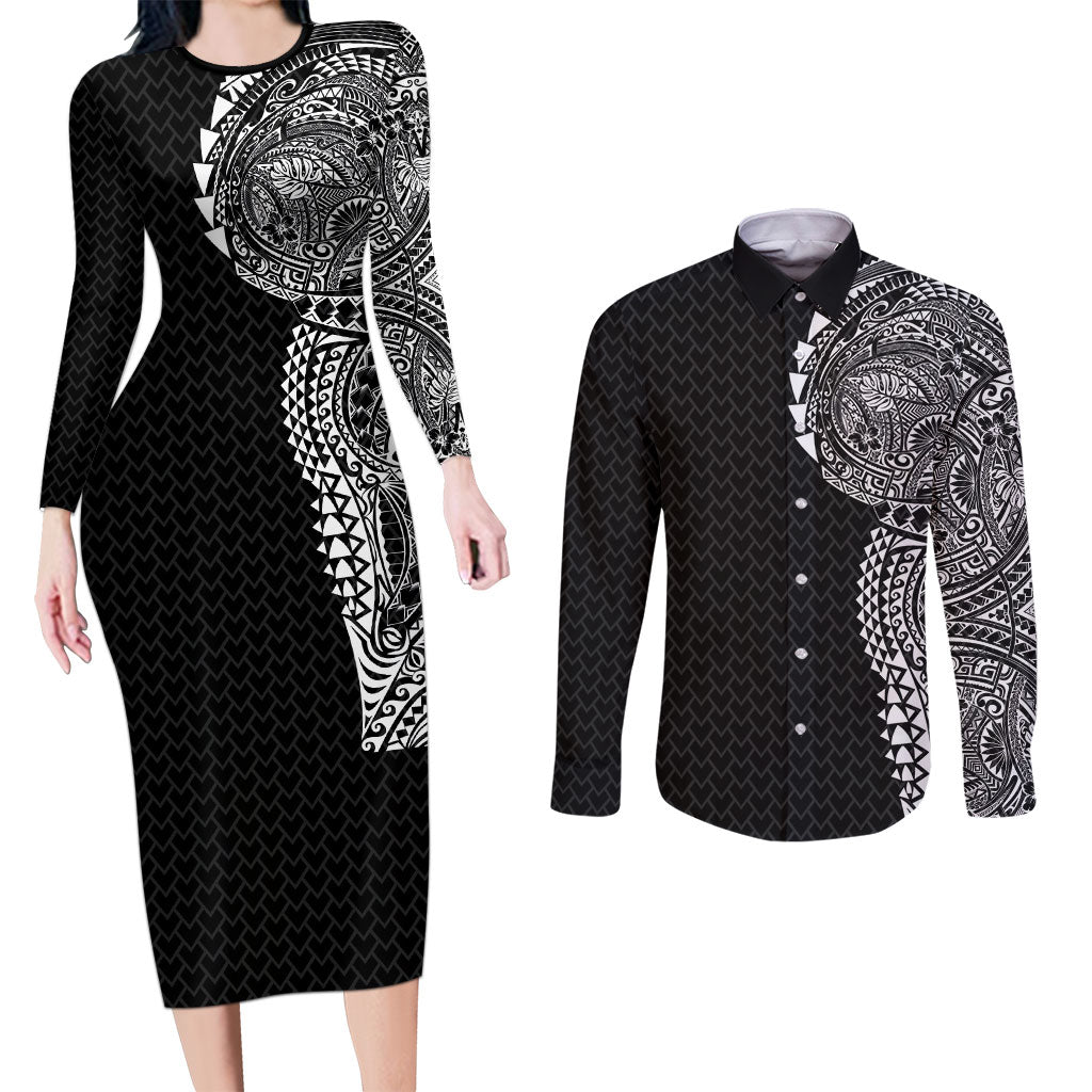 Hawaiian Traditional Tattoos Couples Matching Long Sleeve Bodycon Dress and Long Sleeve Button Shirt Kakau Tribal Tropical Plant Motif Black Color LT03 Black - Polynesian Pride