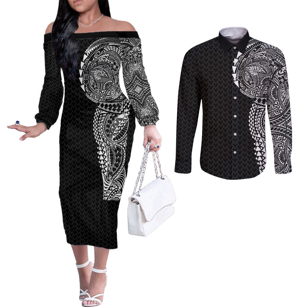 Hawaiian Traditional Tattoos Couples Matching Off The Shoulder Long Sleeve Dress and Long Sleeve Button Shirt Kakau Tribal Tropical Plant Motif Black Color LT03 Black - Polynesian Pride