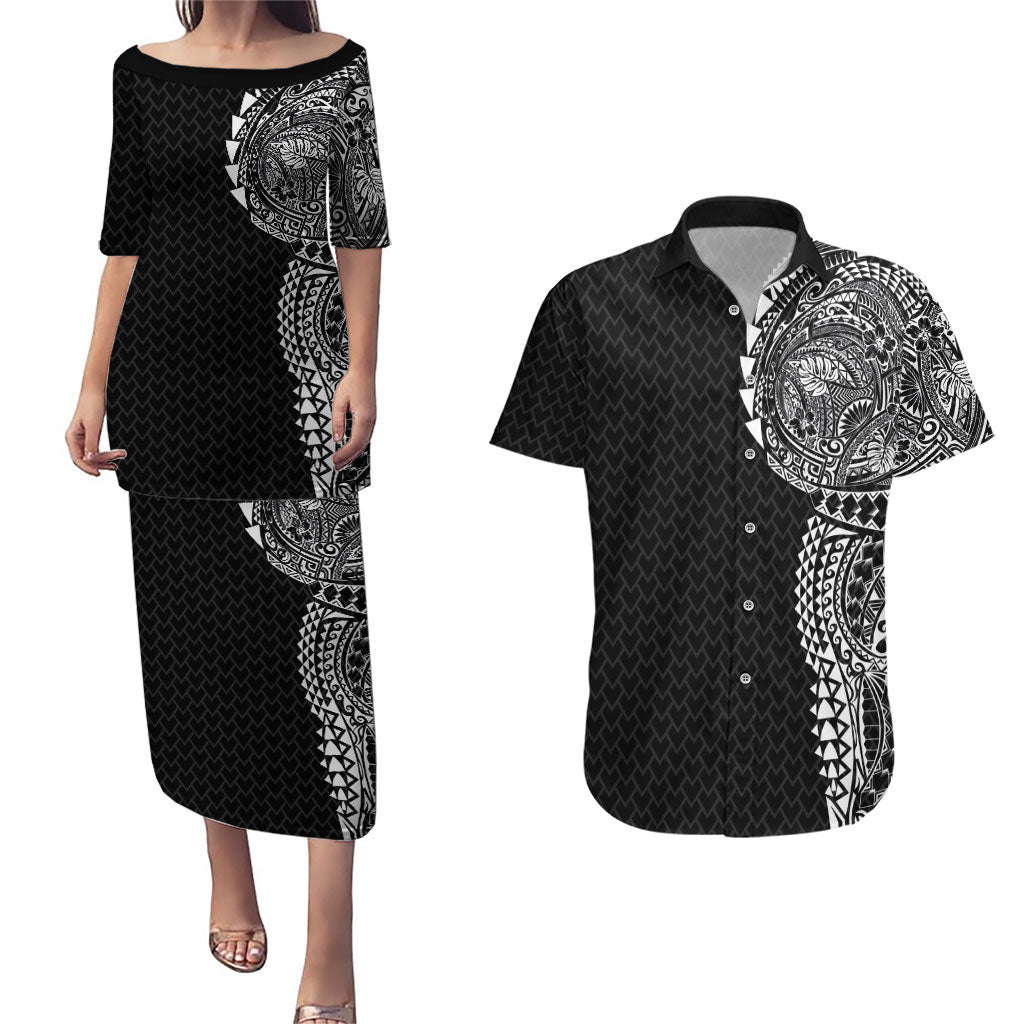 Hawaiian Traditional Tattoos Couples Matching Puletasi and Hawaiian Shirt Kakau Tribal Tropical Plant Motif Black Color LT03 Black - Polynesian Pride