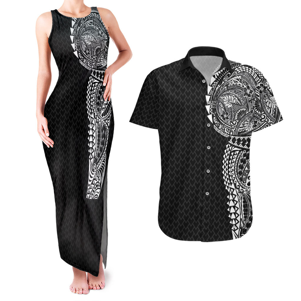 Hawaiian Traditional Tattoos Couples Matching Tank Maxi Dress and Hawaiian Shirt Kakau Tribal Tropical Plant Motif Black Color LT03 Black - Polynesian Pride