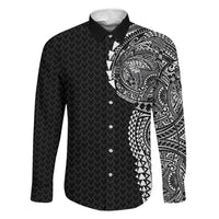 Hawaiian Traditional Tattoos Family Matching Long Sleeve Bodycon Dress and Hawaiian Shirt Kakau Tribal Tropical Plant Motif Black Color LT03 Dad's Shirt - Long Sleeve Black - Polynesian Pride