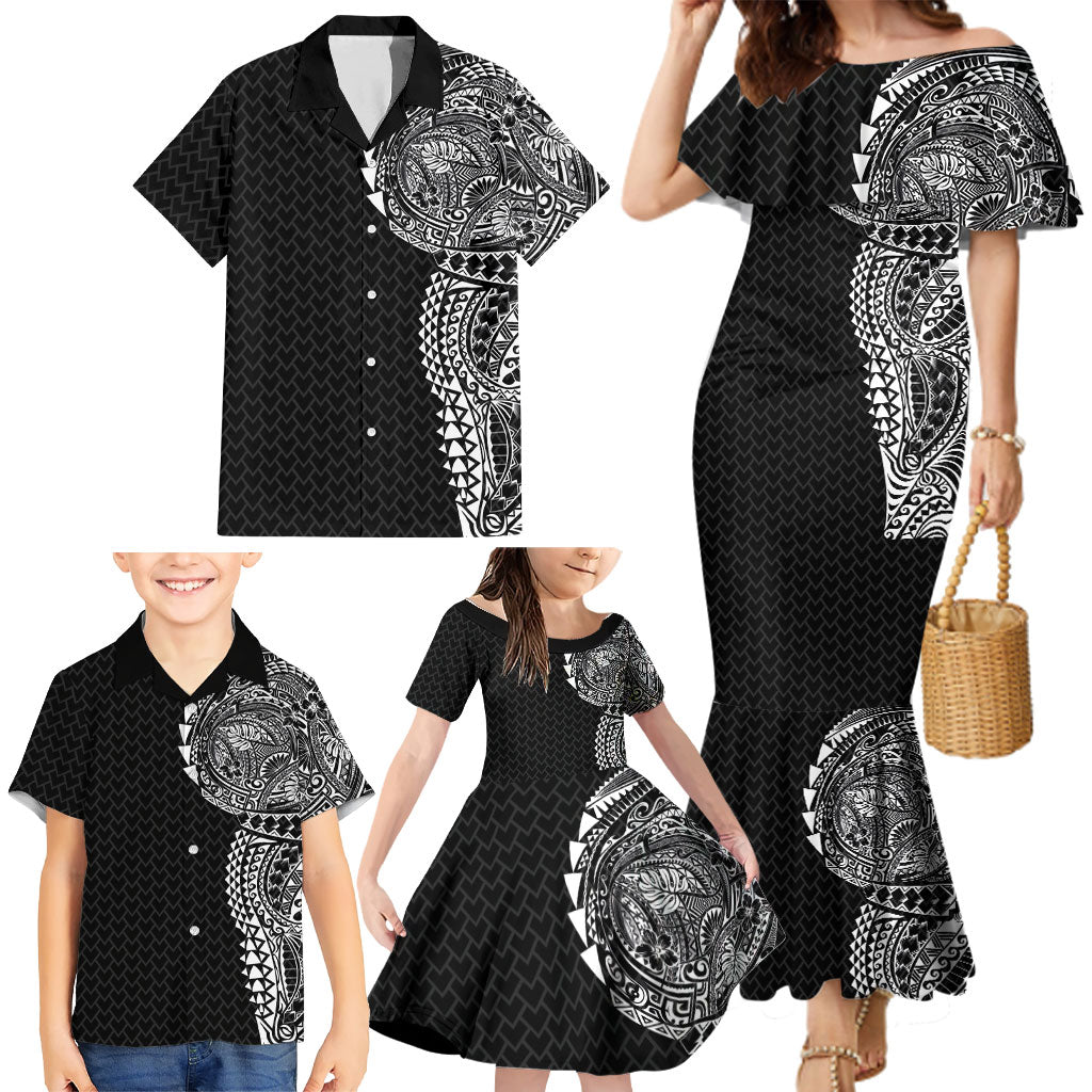Hawaiian Traditional Tattoos Family Matching Mermaid Dress and Hawaiian Shirt Kakau Tribal Tropical Plant Motif Black Color