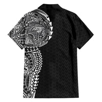 Hawaiian Traditional Tattoos Family Matching Off The Shoulder Long Sleeve Dress and Hawaiian Shirt Kakau Tribal Tropical Plant Motif Black Color LT03 - Polynesian Pride