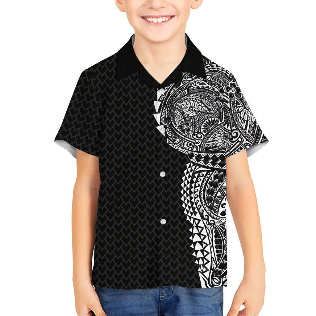 Hawaiian Traditional Tattoos Family Matching Off The Shoulder Long Sleeve Dress and Hawaiian Shirt Kakau Tribal Tropical Plant Motif Black Color LT03 Son's Shirt Black - Polynesian Pride