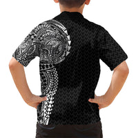 Hawaiian Traditional Tattoos Family Matching Off Shoulder Short Dress and Hawaiian Shirt Kakau Tribal Tropical Plant Motif Black Color LT03 - Polynesian Pride