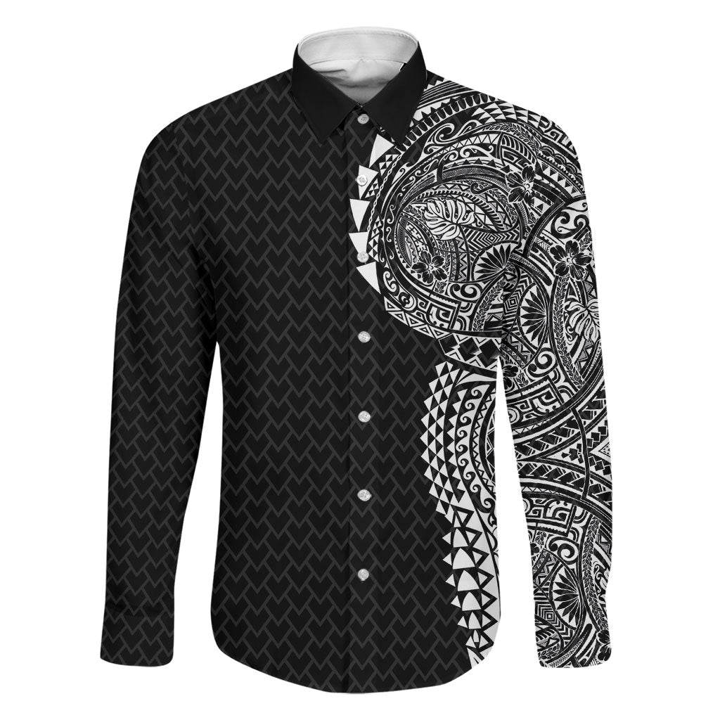 Hawaiian Traditional Tattoos Family Matching Off Shoulder Short Dress and Hawaiian Shirt Kakau Tribal Tropical Plant Motif Black Color LT03 Dad's Shirt - Long Sleeve Black - Polynesian Pride