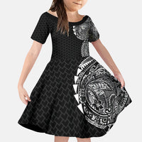 Hawaiian Traditional Tattoos Family Matching Puletasi and Hawaiian Shirt Kakau Tribal Tropical Plant Motif Black Color LT03 Daughter's Dress Black - Polynesian Pride