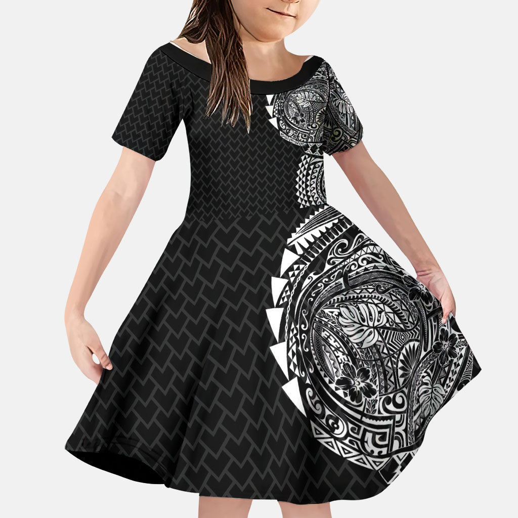 Hawaiian Traditional Tattoos Family Matching Short Sleeve Bodycon Dress and Hawaiian Shirt Kakau Tribal Tropical Plant Motif Black Color LT03 Daughter's Dress Black - Polynesian Pride