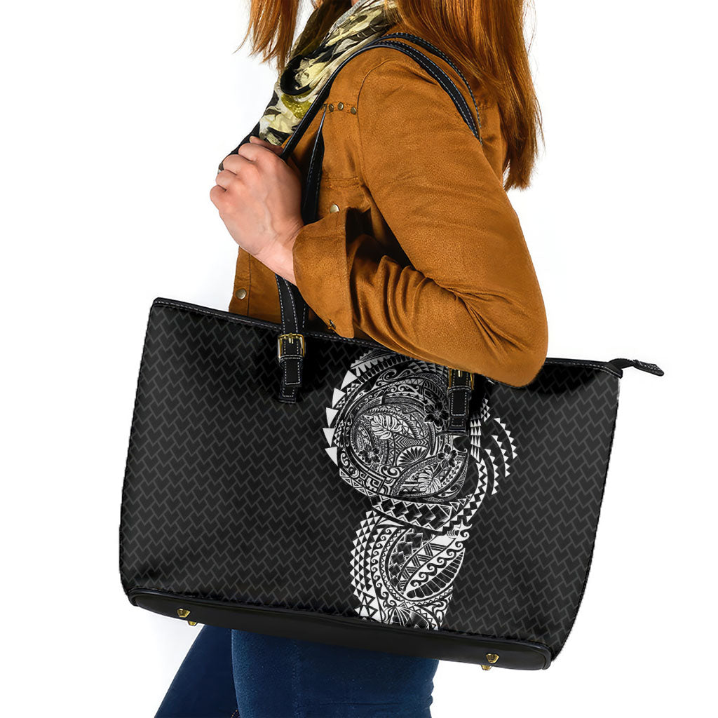 Hawaiian Traditional Tattoos Leather Tote Bag Kakau Tribal Tropical Plant Motif Black Color LT03 Black - Polynesian Pride