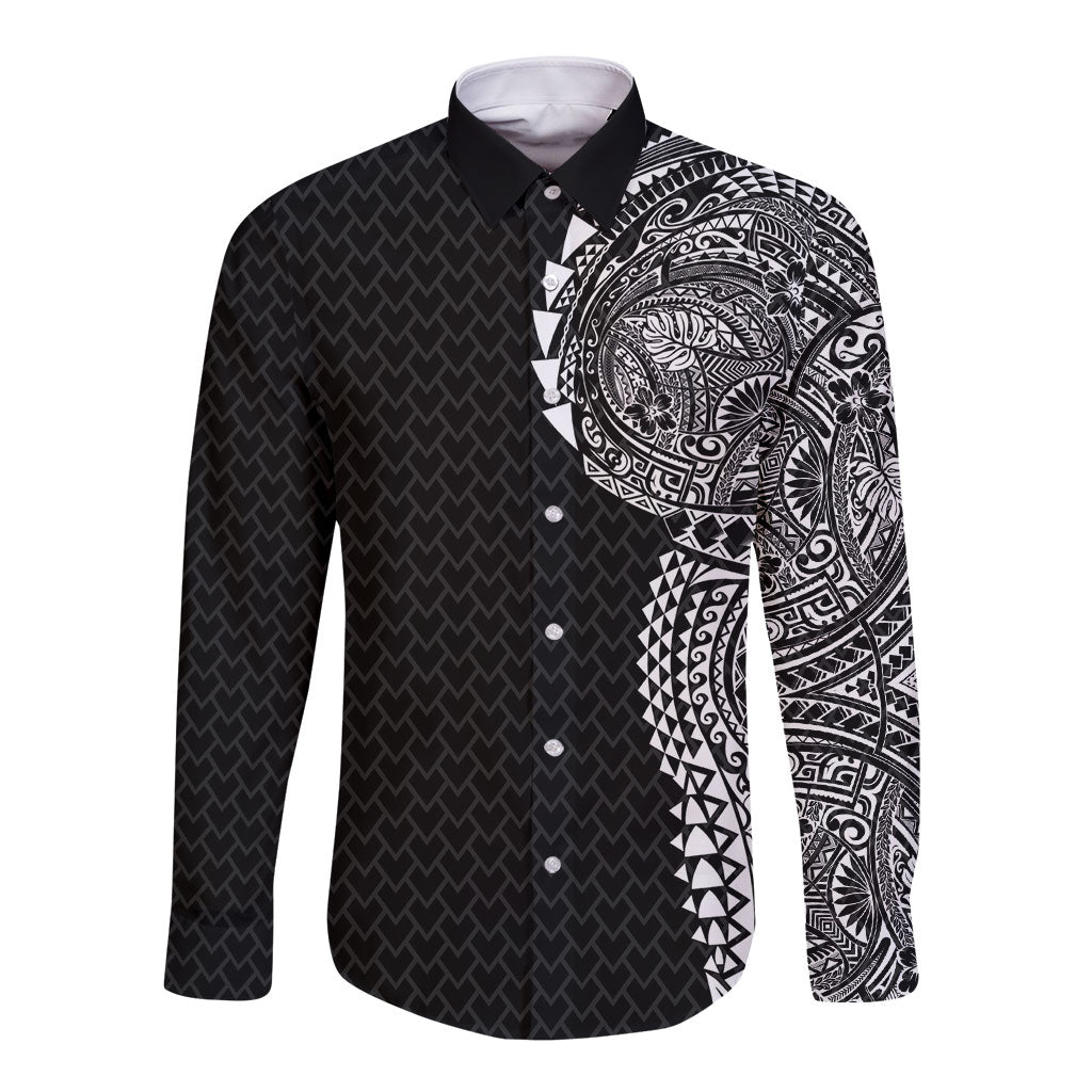 Hawaiian Traditional Tattoos Long Sleeve Button Shirt Kakau Tribal Tropical Plant Motif Black Color LT03 Unisex Black - Polynesian Pride