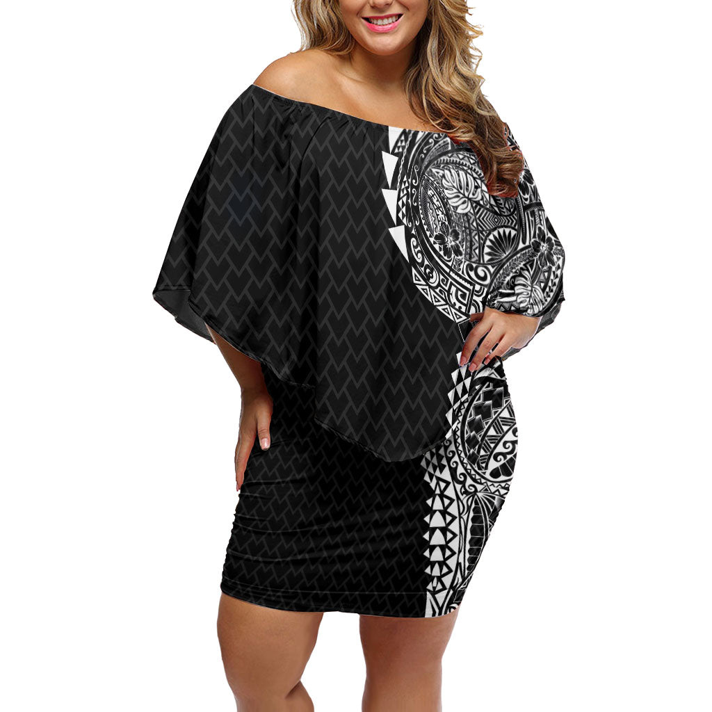 Hawaiian Traditional Tattoos Off Shoulder Short Dress Kakau Tribal Tropical Plant Motif Black Color LT03 Women Black - Polynesian Pride