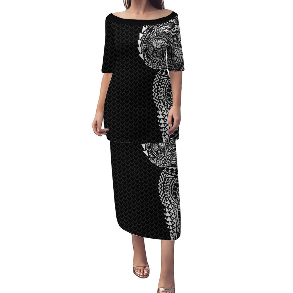 Hawaiian Traditional Tattoos Puletasi Kakau Tribal Tropical Plant Motif Black Color LT03 Long Dress Black - Polynesian Pride