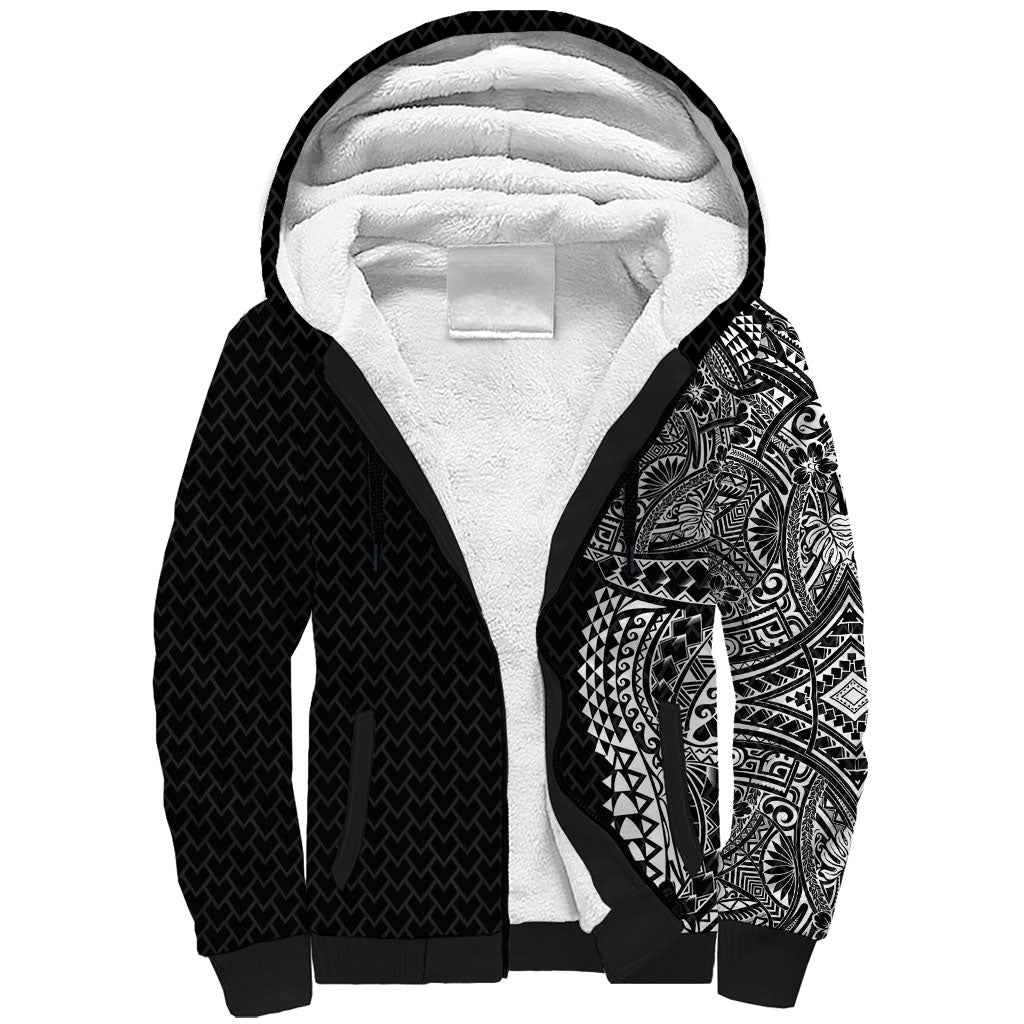Hawaiian Traditional Tattoos Sherpa Hoodie Kakau Tribal Tropical Plant Motif Black Color