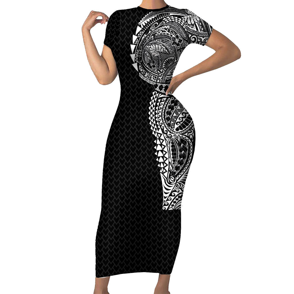 Hawaiian Traditional Tattoos Short Sleeve Bodycon Dress Kakau Tribal Tropical Plant Motif Black Color