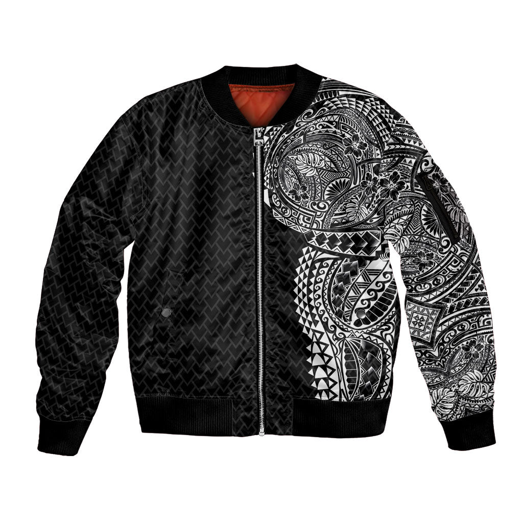 Hawaiian Traditional Tattoos Sleeve Zip Bomber Jacket Kakau Tribal Tropical Plant Motif Black Color LT03 Unisex Black - Polynesian Pride