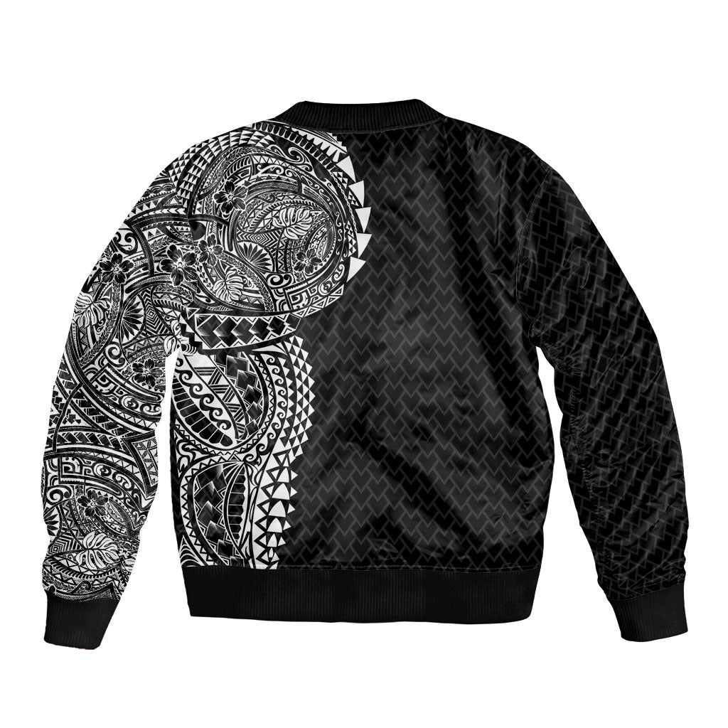 Hawaiian Traditional Tattoos Sleeve Zip Bomber Jacket Kakau Tribal Tropical Plant Motif Black Color LT03 - Polynesian Pride