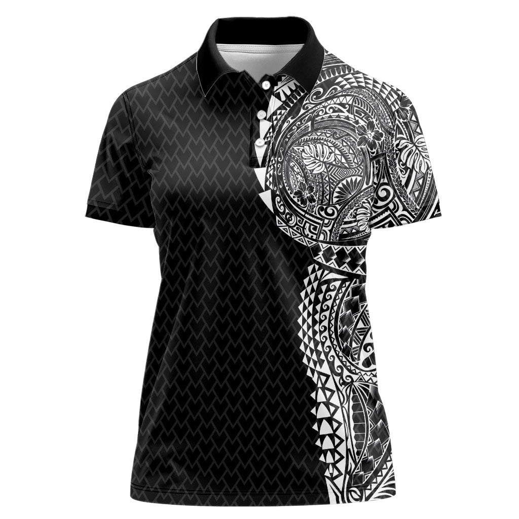 Hawaiian Traditional Tattoos Women Polo Shirt Kakau Tribal Tropical Plant Motif Black Color LT03 Female Black - Polynesian Pride