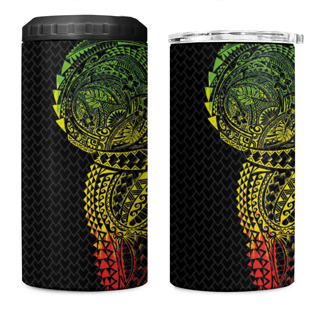 Hawaiian Traditional Tattoos 4 in 1 Can Cooler Tumbler Kakau Tribal Tropical Plant Motif Kanaka Maoli Flag Color Inspired