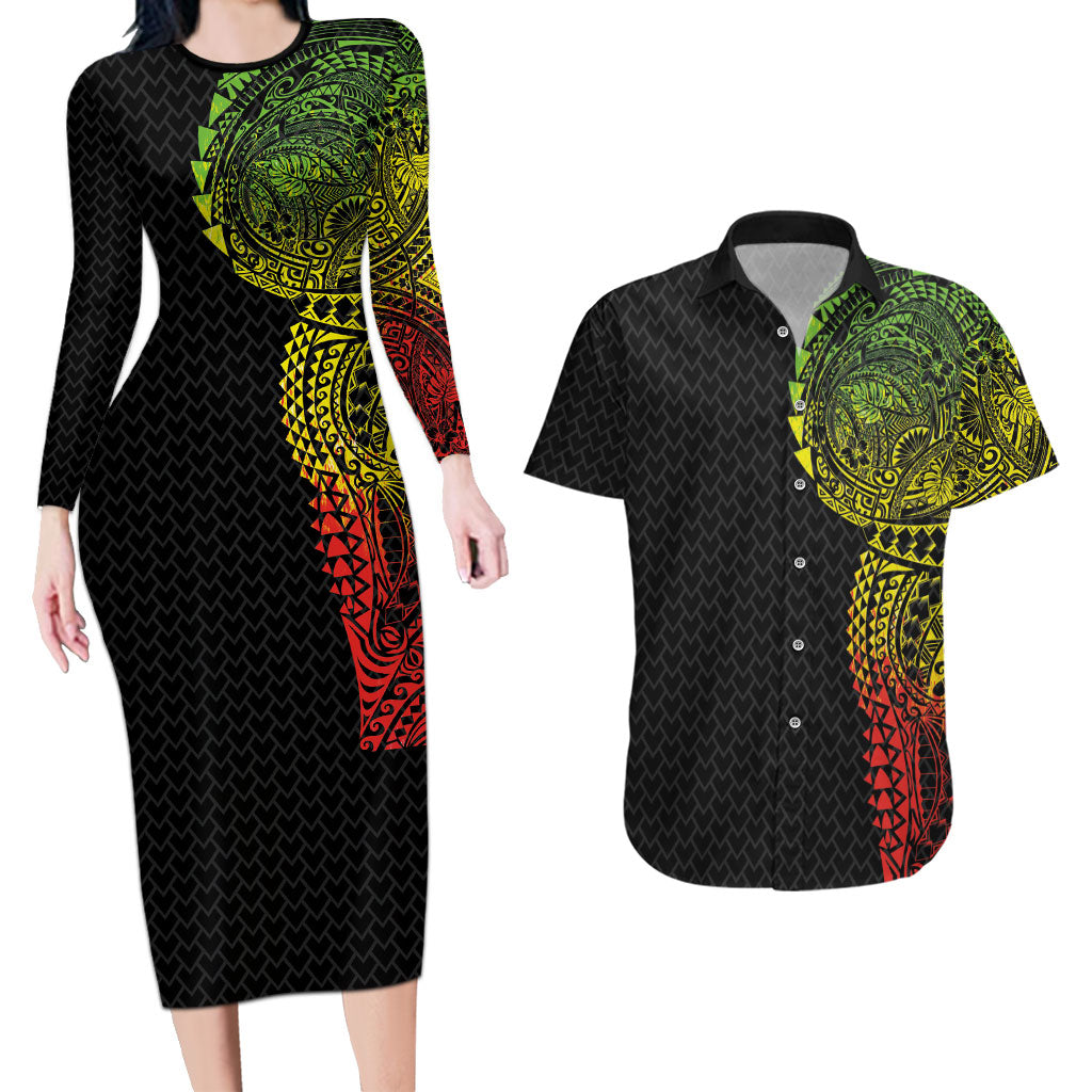 Hawaiian Traditional Tattoos Couples Matching Long Sleeve Bodycon Dress and Hawaiian Shirt Kakau Tribal Tropical Plant Motif Kanaka Maoli Flag Color Inspired LT03 Multicolor - Polynesian Pride