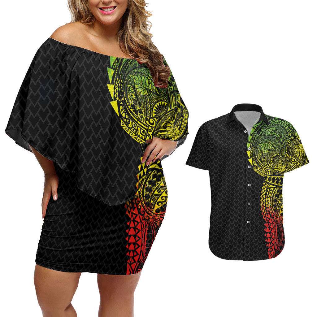 Hawaiian Traditional Tattoos Couples Matching Off Shoulder Short Dress and Hawaiian Shirt Kakau Tribal Tropical Plant Motif Kanaka Maoli Flag Color Inspired LT03 Multicolor - Polynesian Pride