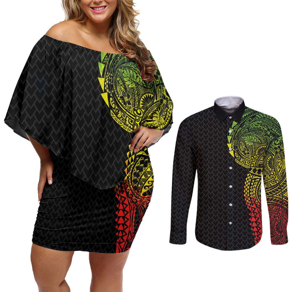 Hawaiian Traditional Tattoos Couples Matching Off Shoulder Short Dress and Long Sleeve Button Shirt Kakau Tribal Tropical Plant Motif Kanaka Maoli Flag Color Inspired LT03 Multicolor - Polynesian Pride
