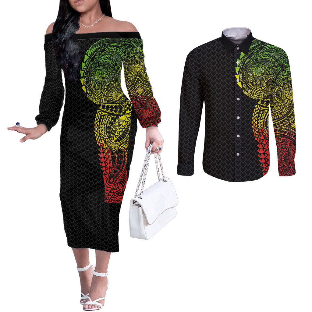 Hawaiian Traditional Tattoos Couples Matching Off The Shoulder Long Sleeve Dress and Long Sleeve Button Shirt Kakau Tribal Tropical Plant Motif Kanaka Maoli Flag Color Inspired LT03 Multicolor - Polynesian Pride