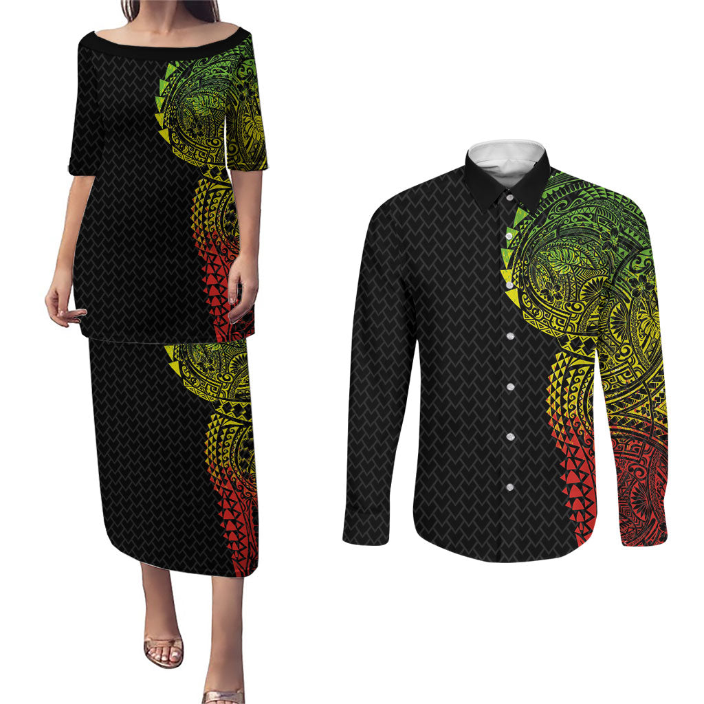 Hawaiian Traditional Tattoos Couples Matching Puletasi and Long Sleeve Button Shirt Kakau Tribal Tropical Plant Motif Kanaka Maoli Flag Color Inspired LT03 Multicolor - Polynesian Pride