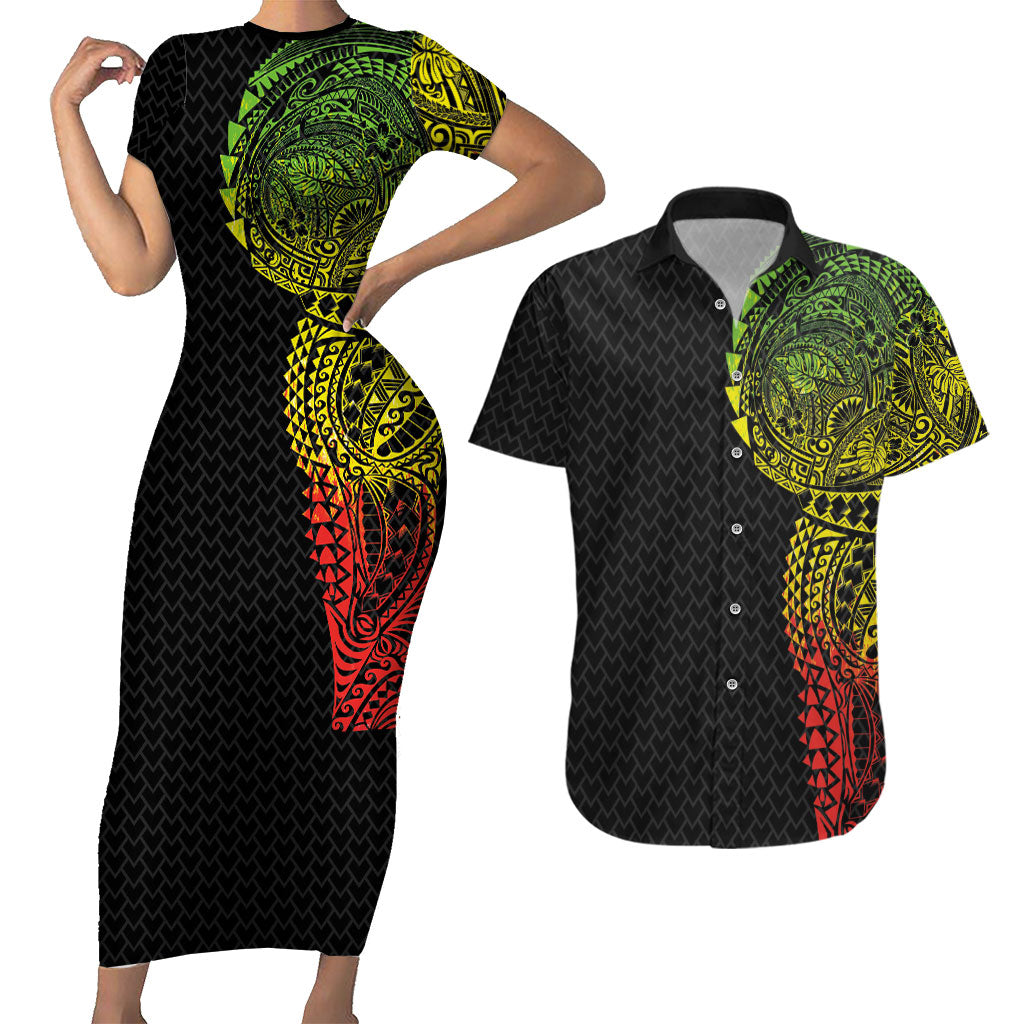 Hawaiian Traditional Tattoos Couples Matching Short Sleeve Bodycon Dress and Hawaiian Shirt Kakau Tribal Tropical Plant Motif Kanaka Maoli Flag Color Inspired LT03 Multicolor - Polynesian Pride
