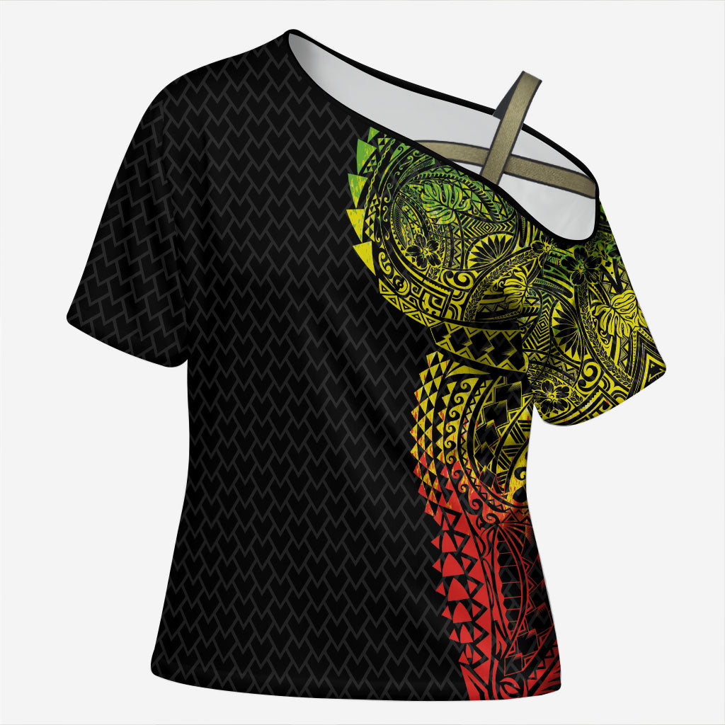 Hawaiian Traditional Tattoos Cross Shoulder Shirt Kakau Tribal Tropical Plant Motif Kanaka Maoli Flag Color Inspired LT03 Female Multicolor - Polynesian Pride