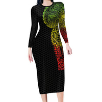 Hawaiian Traditional Tattoos Family Matching Long Sleeve Bodycon Dress and Hawaiian Shirt Kakau Tribal Tropical Plant Motif Kanaka Maoli Flag Color Inspired LT03 Mom's Dress Multicolor - Polynesian Pride