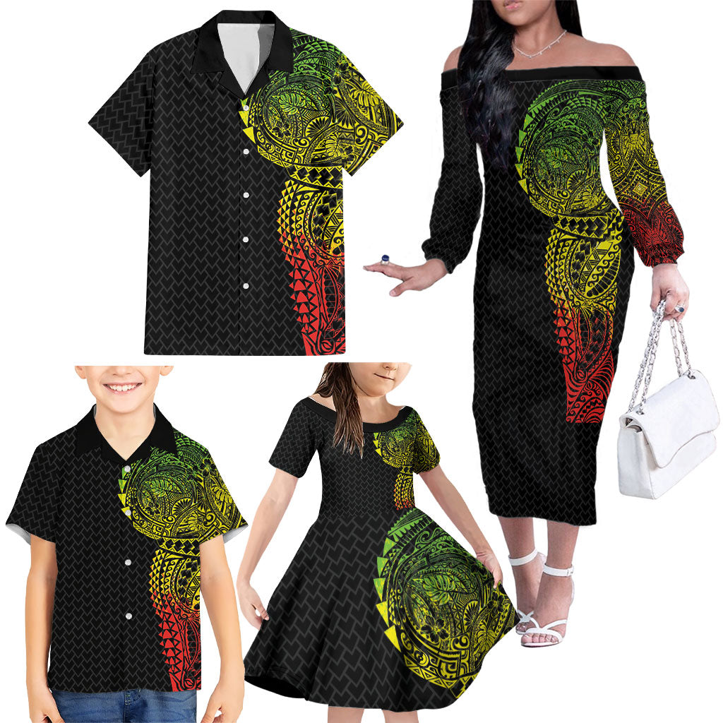 Hawaiian Traditional Tattoos Family Matching Off The Shoulder Long Sleeve Dress and Hawaiian Shirt Kakau Tribal Tropical Plant Motif Kanaka Maoli Flag Color Inspired