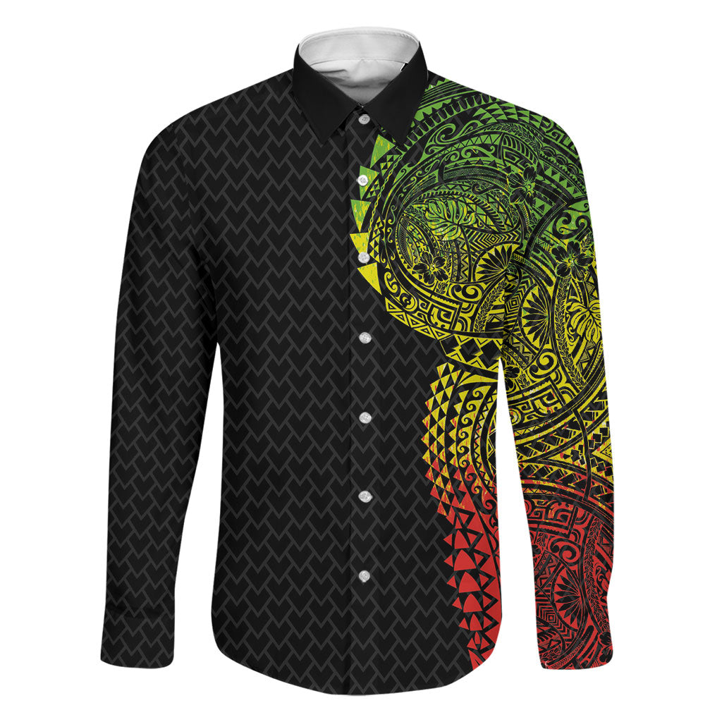 Hawaiian Traditional Tattoos Family Matching Off The Shoulder Long Sleeve Dress and Hawaiian Shirt Kakau Tribal Tropical Plant Motif Kanaka Maoli Flag Color Inspired LT03 Dad's Shirt - Long Sleeve Multicolor - Polynesian Pride