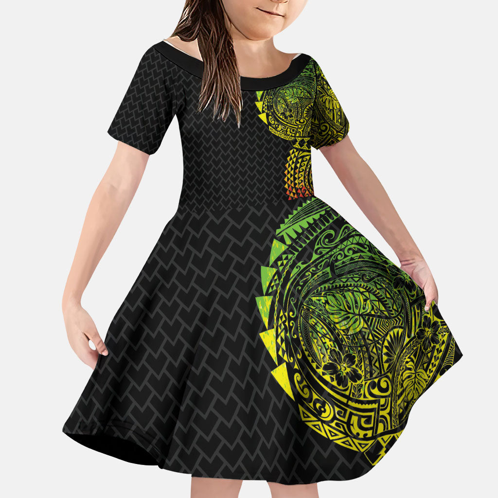 Hawaiian Traditional Tattoos Family Matching Off Shoulder Maxi Dress and Hawaiian Shirt Kakau Tribal Tropical Plant Motif Kanaka Maoli Flag Color Inspired LT03 Daughter's Dress Multicolor - Polynesian Pride