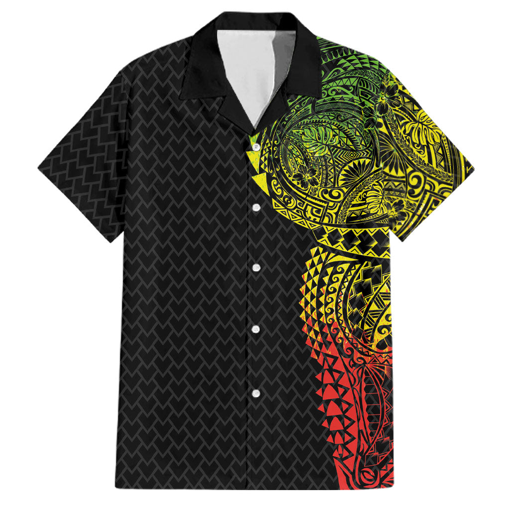 Hawaiian Traditional Tattoos Family Matching Off Shoulder Maxi Dress and Hawaiian Shirt Kakau Tribal Tropical Plant Motif Kanaka Maoli Flag Color Inspired LT03 Dad's Shirt - Short Sleeve Multicolor - Polynesian Pride