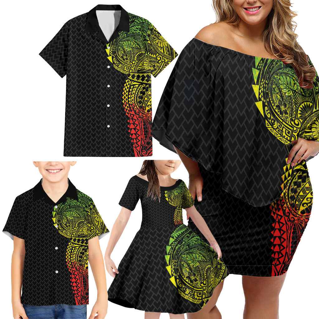 Hawaiian Traditional Tattoos Family Matching Off Shoulder Short Dress and Hawaiian Shirt Kakau Tribal Tropical Plant Motif Kanaka Maoli Flag Color Inspired LT03 - Polynesian Pride