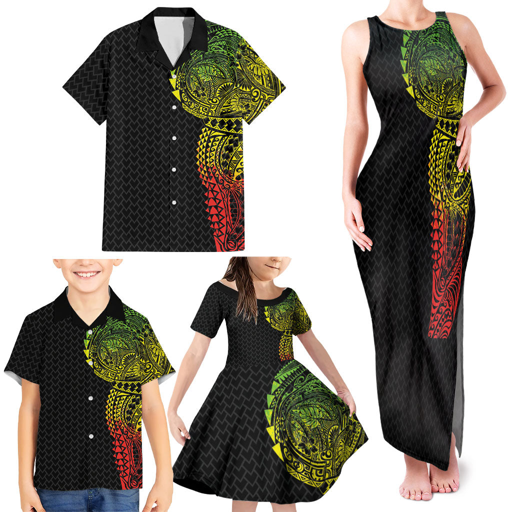 Hawaiian Traditional Tattoos Family Matching Tank Maxi Dress and Hawaiian Shirt Kakau Tribal Tropical Plant Motif Kanaka Maoli Flag Color Inspired LT03 - Polynesian Pride