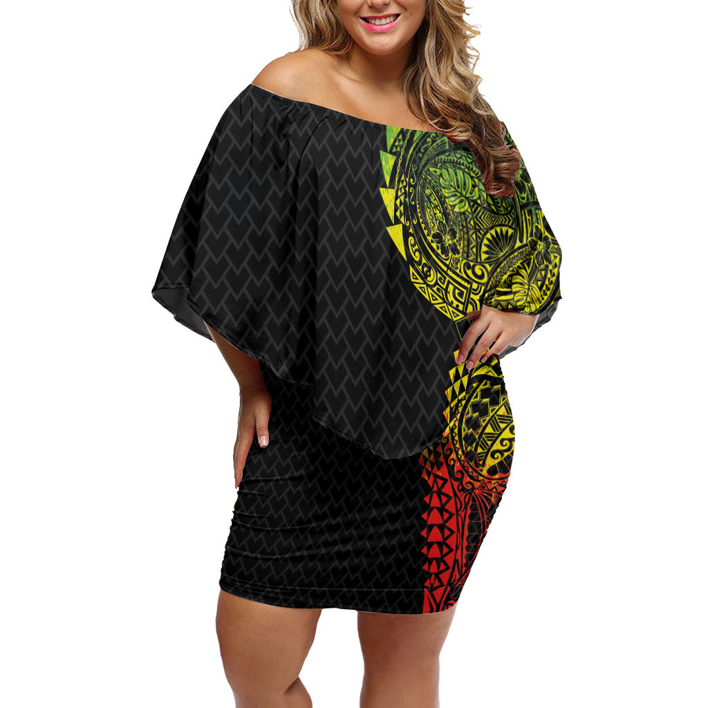 Hawaiian Traditional Tattoos Off Shoulder Short Dress Kakau Tribal Tropical Plant Motif Kanaka Maoli Flag Color Inspired LT03 Women Multicolor - Polynesian Pride