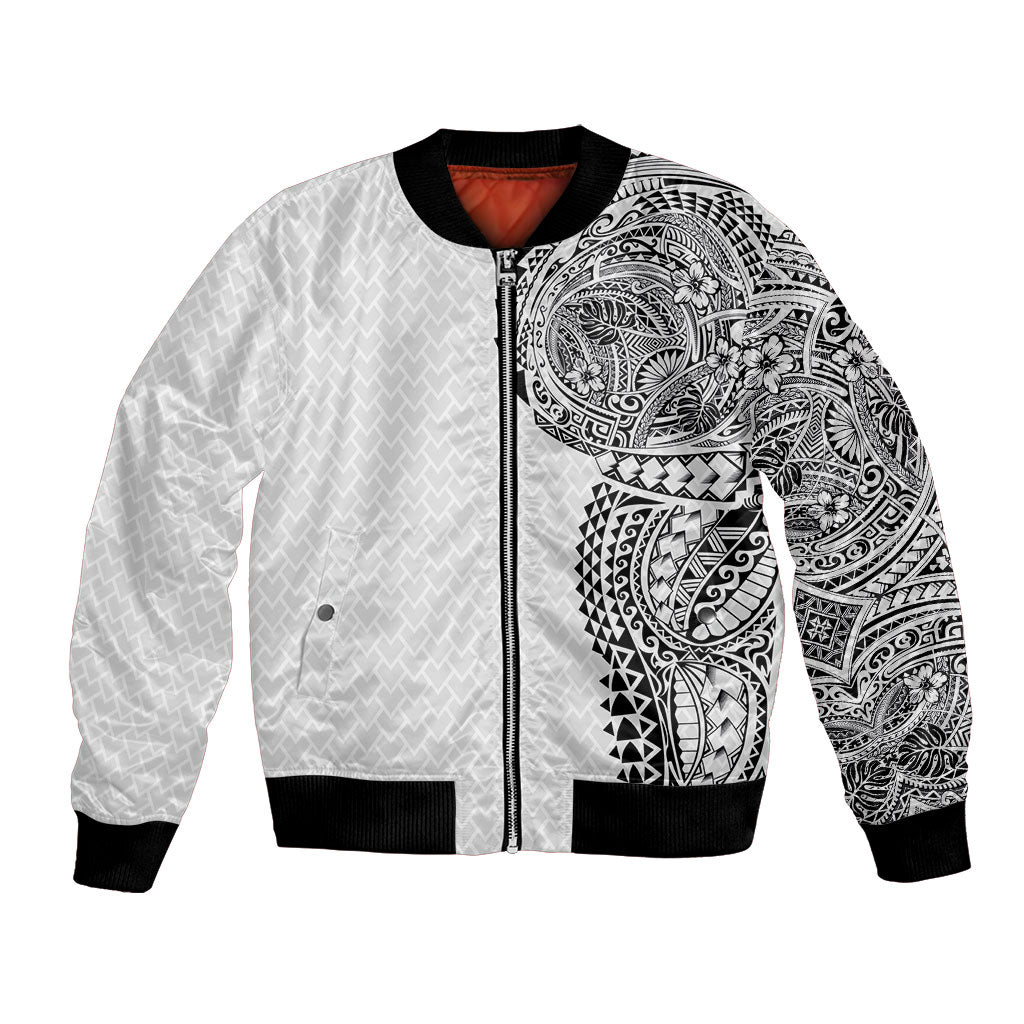 Hawaiian Traditional Tattoos Bomber Jacket Kakau Tribal Tropical Plant Motif White Color LT03 Unisex White - Polynesian Pride
