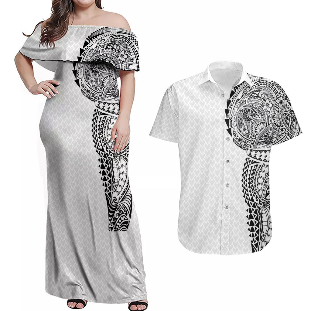 Hawaiian Traditional Tattoos Couples Matching Off Shoulder Maxi Dress and Hawaiian Shirt Kakau Tribal Tropical Plant Motif White Color LT03 White - Polynesian Pride
