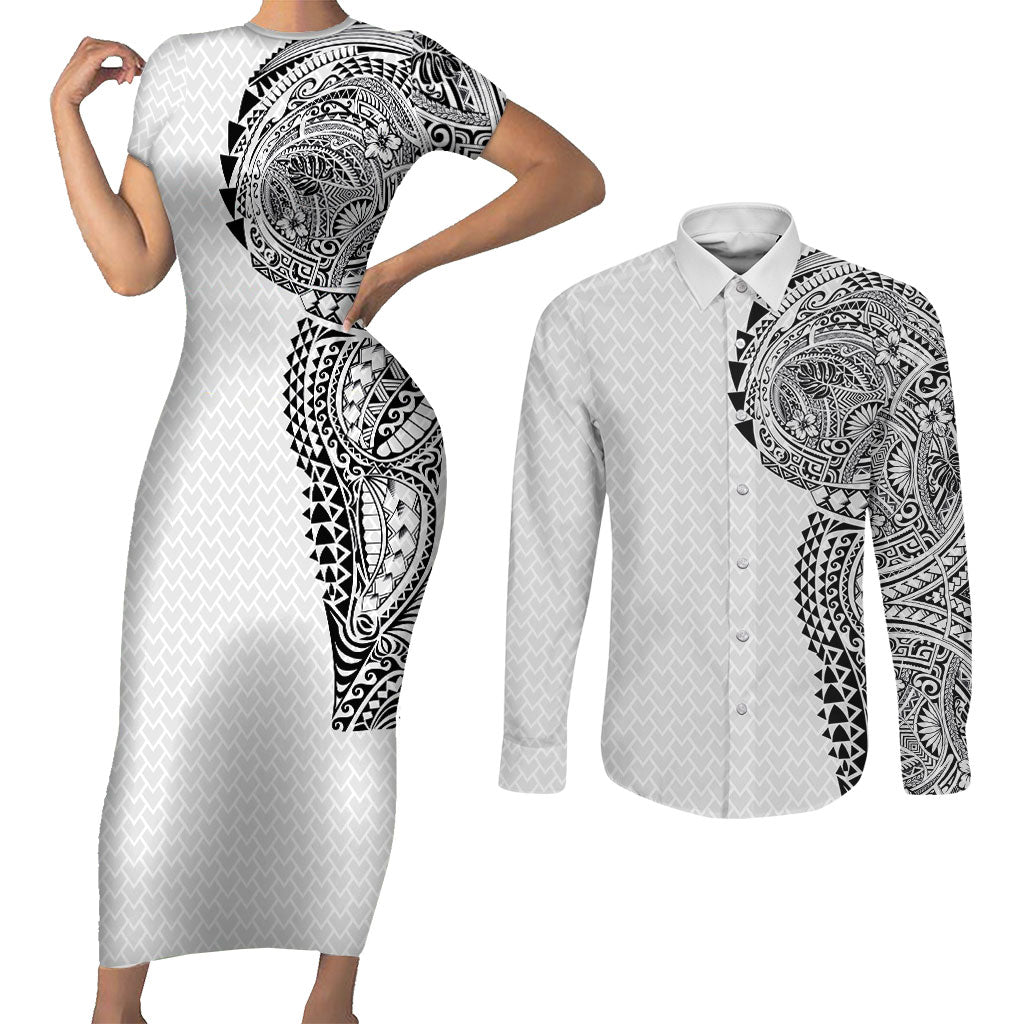 Hawaiian Traditional Tattoos Couples Matching Short Sleeve Bodycon Dress and Long Sleeve Button Shirt Kakau Tribal Tropical Plant Motif White Color LT03 White - Polynesian Pride