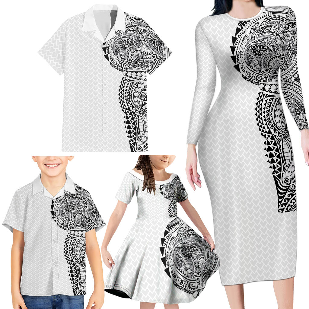 Hawaiian Traditional Tattoos Family Matching Long Sleeve Bodycon Dress and Hawaiian Shirt Kakau Tribal Tropical Plant Motif White Color