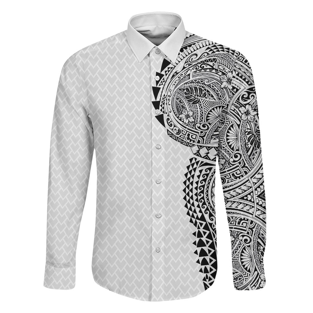 Hawaiian Traditional Tattoos Family Matching Long Sleeve Bodycon Dress and Hawaiian Shirt Kakau Tribal Tropical Plant Motif White Color LT03 Dad's Shirt - Long Sleeve White - Polynesian Pride