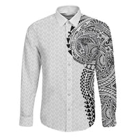 Hawaiian Traditional Tattoos Family Matching Long Sleeve Bodycon Dress and Hawaiian Shirt Kakau Tribal Tropical Plant Motif White Color LT03 Dad's Shirt - Long Sleeve White - Polynesian Pride