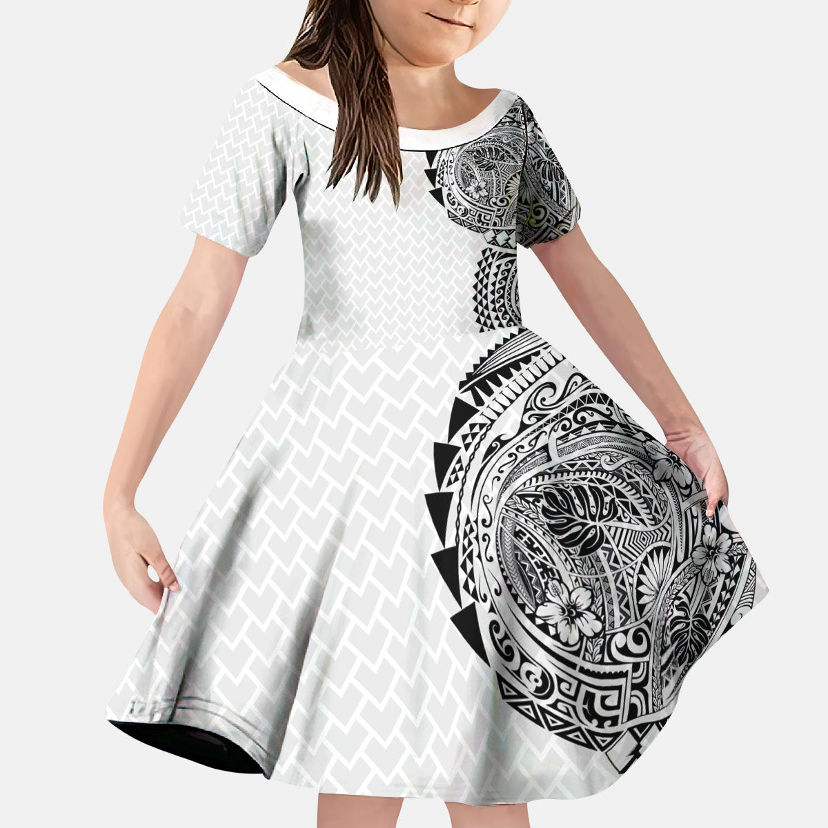 Hawaiian Traditional Tattoos Kid Short Sleeve Dress Kakau Tribal Tropical Plant Motif White Color