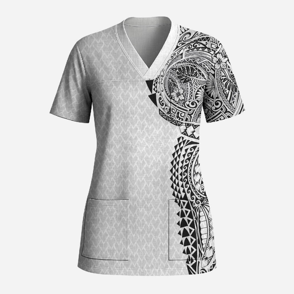 Hawaiian Traditional Tattoos Scrub Top Kakau Tribal Tropical Plant Motif White Color LT03 Adult White - Polynesian Pride
