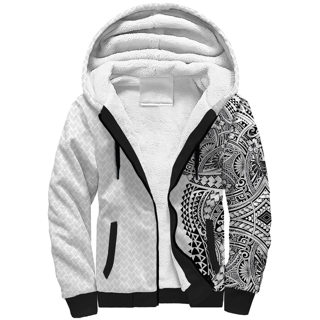 Hawaiian Traditional Tattoos Sherpa Hoodie Kakau Tribal Tropical Plant Motif White Color