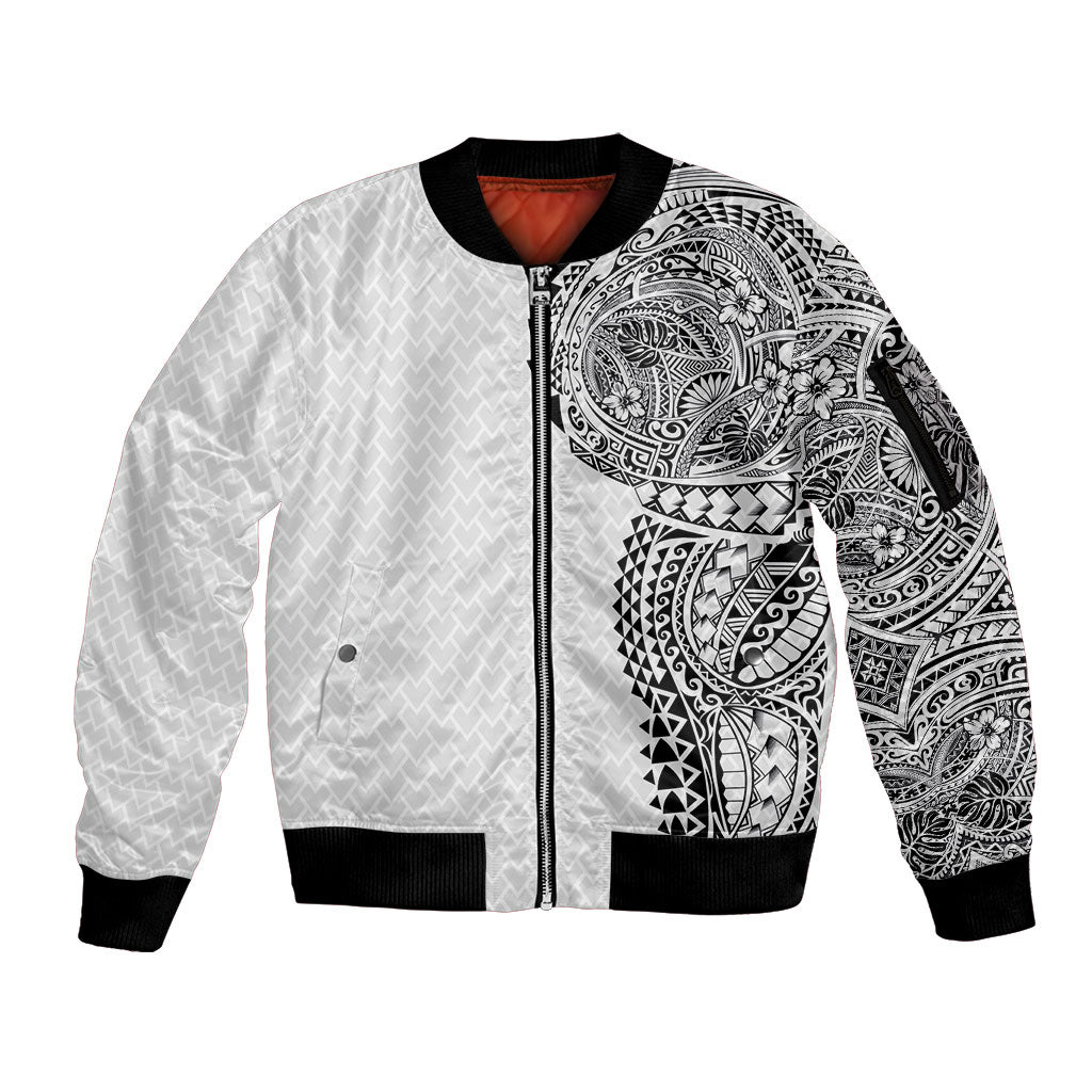 Hawaiian Traditional Tattoos Sleeve Zip Bomber Jacket Kakau Tribal Tropical Plant Motif White Color LT03 Unisex White - Polynesian Pride