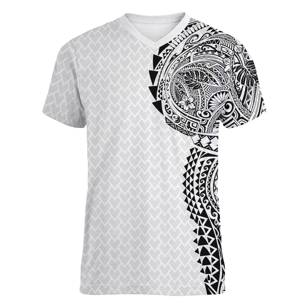 Hawaiian Traditional Tattoos Women V-Neck T-Shirt Kakau Tribal Tropical Plant Motif White Color